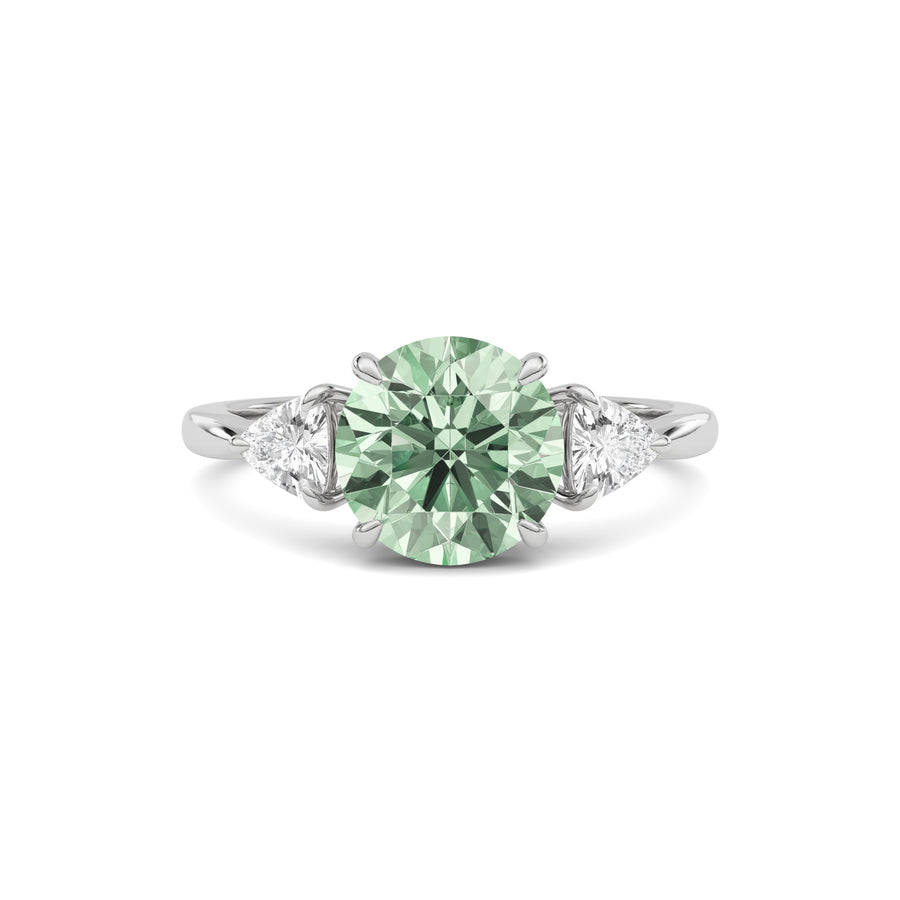 Silver Three-Stone Fancy Green Round Cut Diamond Ring with Trillion Side Stones
