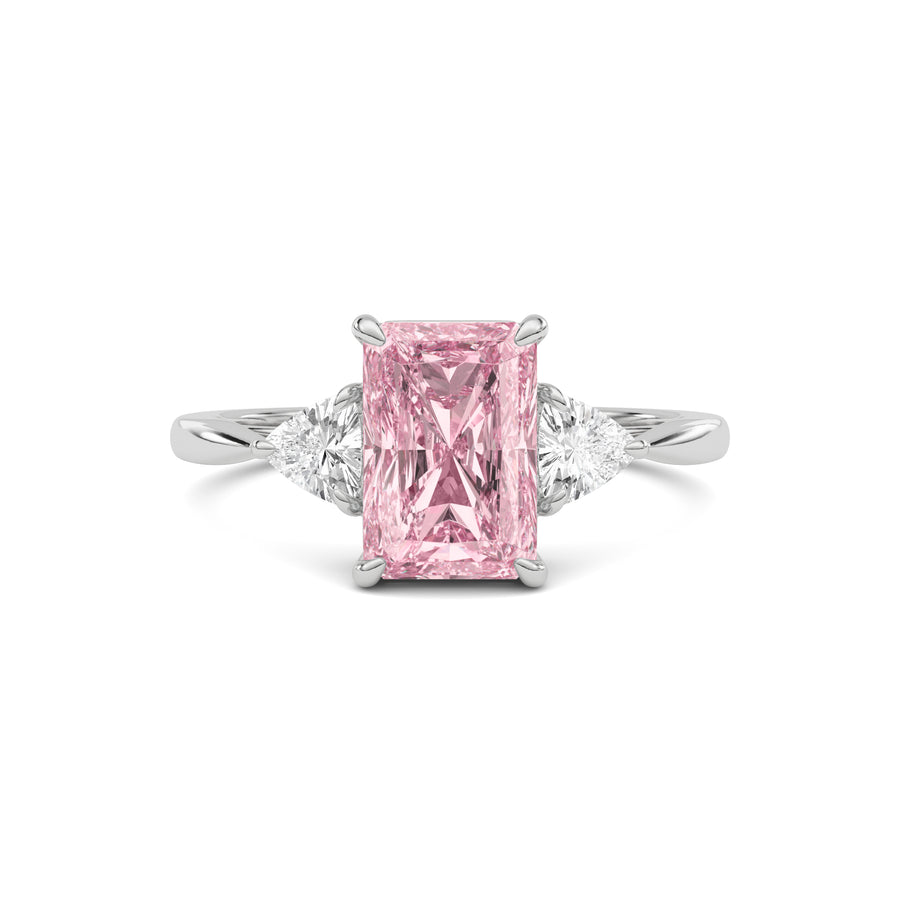 Silver Three-Stone Fancy Pink Radiant Cut Diamond Ring with Trillion Side Stones