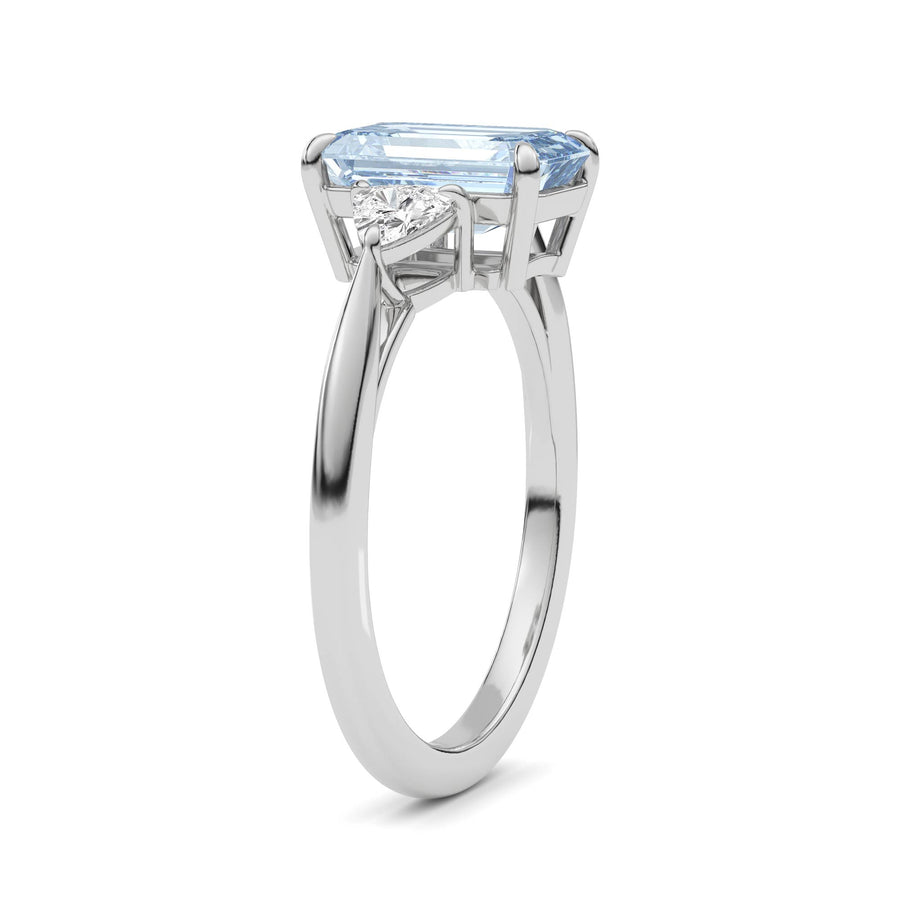 Silver Three-Stone Fancy Blue Emerald Cut Diamond Ring with Trillion Side Stones