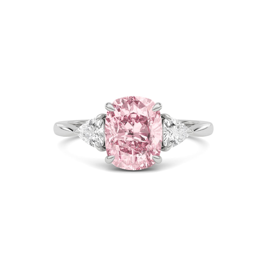 Silver Three-Stone Fancy Pink Cushion Cut Diamond Ring with Trillion Side Stones