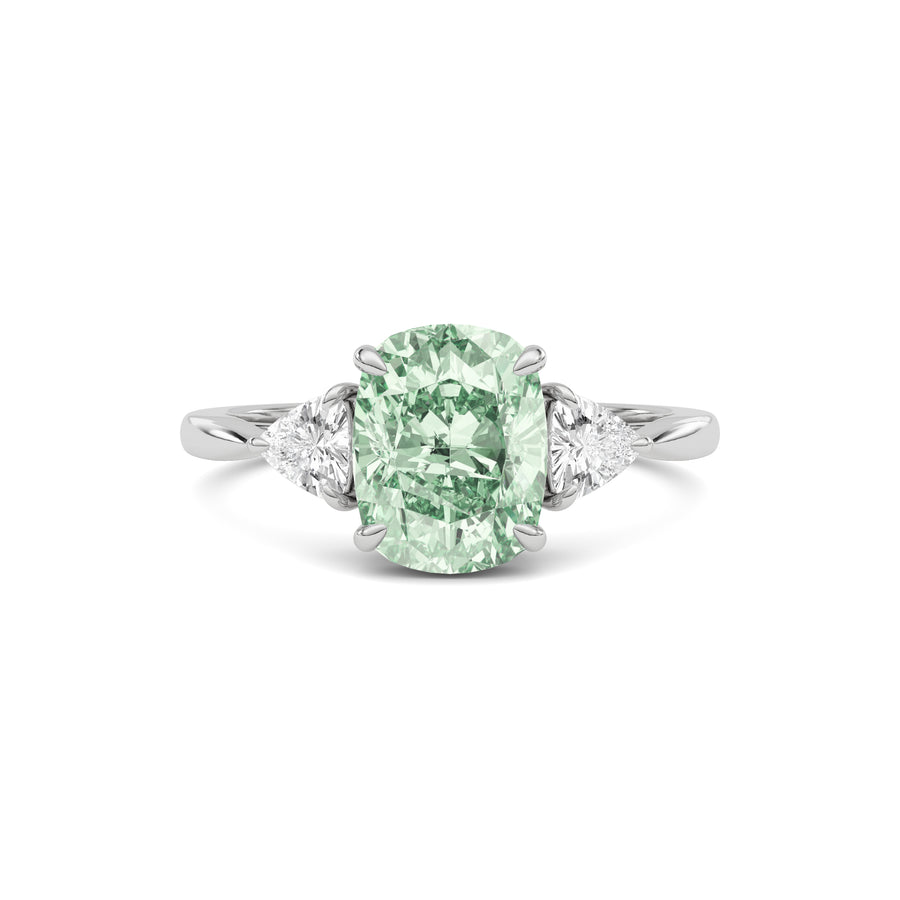 Silver Three-Stone Fancy Green Cushion Cut Diamond Ring with Trillion Side Stones