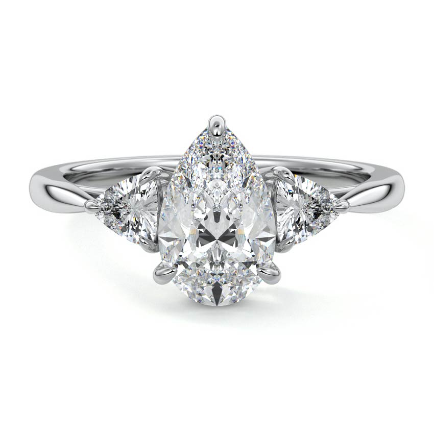 Platinum Three-Stone Pear Diamond Ring with Trillion Side Stones