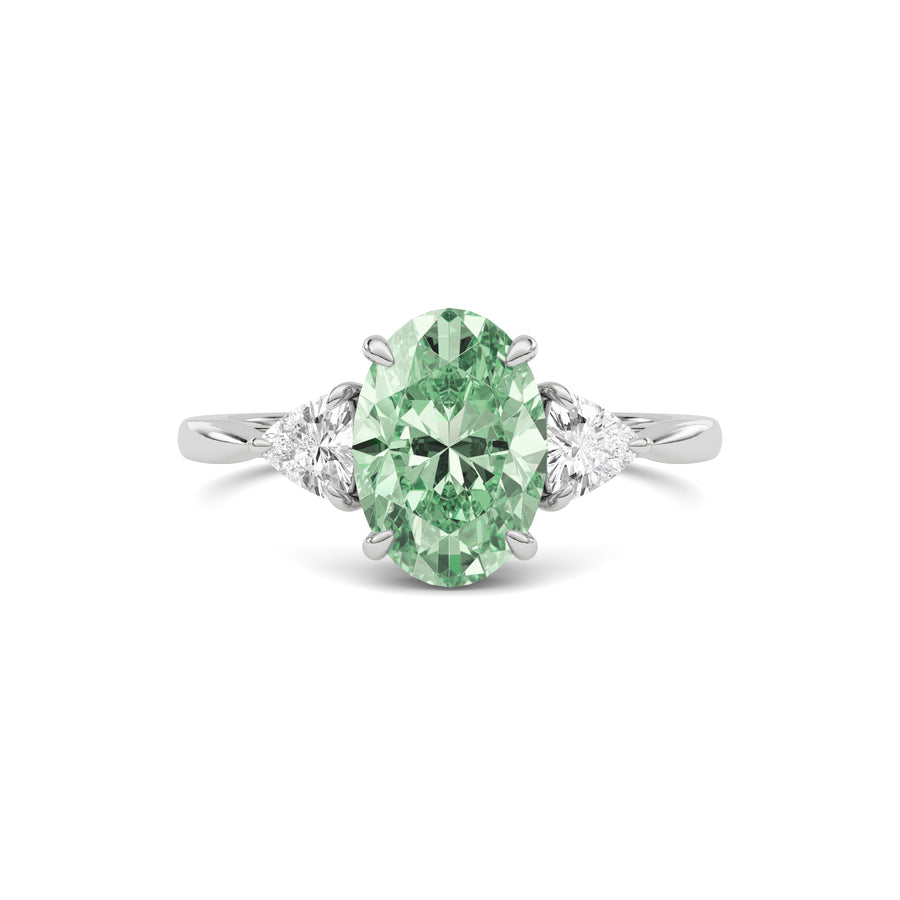 Platinum Three-Stone Fancy Green Oval Cut Diamond Ring with Trillion Side Stones