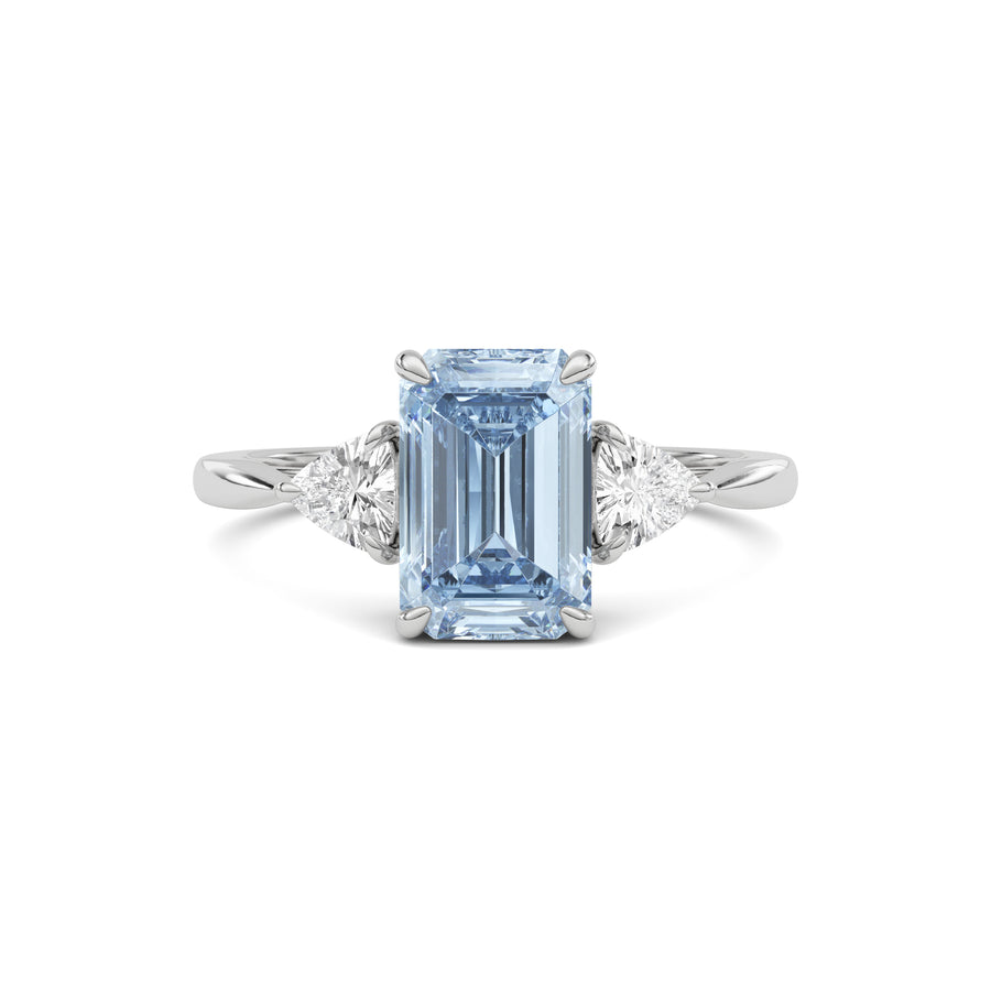 Platinum Three-Stone Fancy Blue Emerald Cut Diamond Ring with Trillion Side Stones