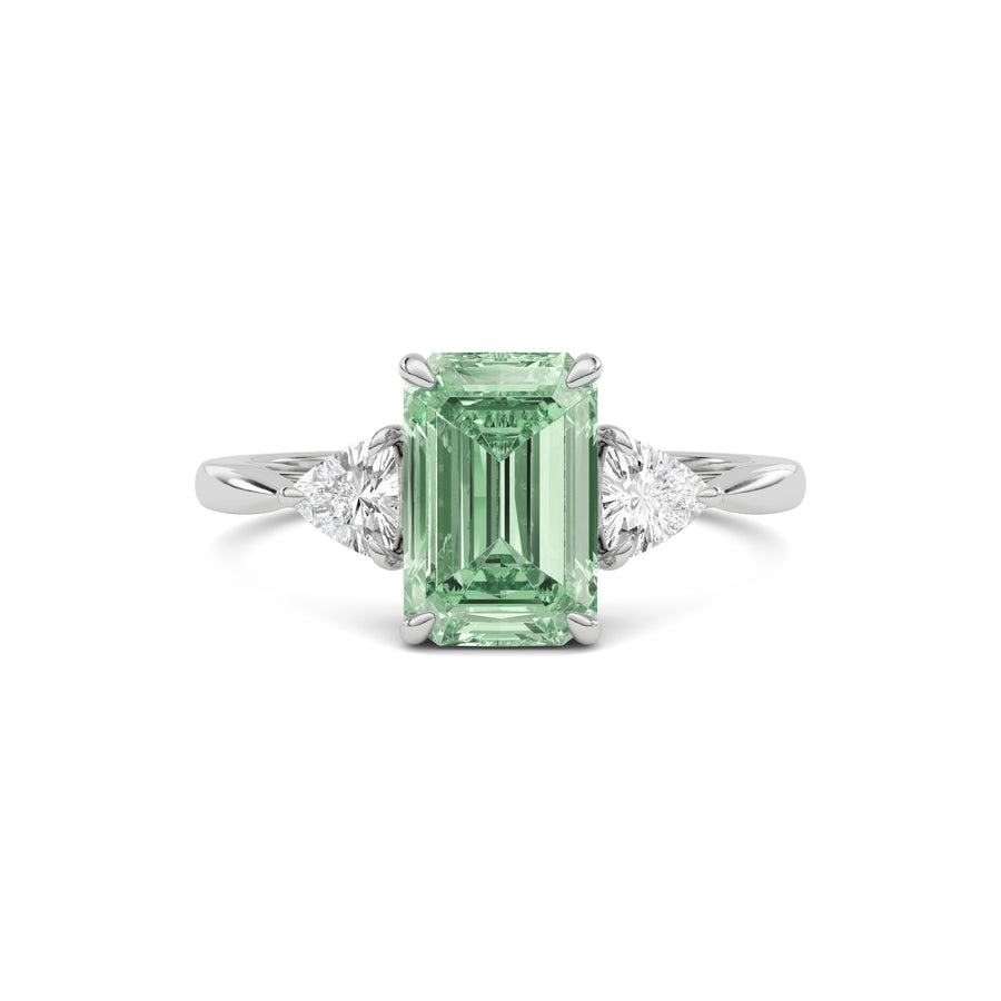 Platinum Three-Stone Fancy Green Emerald Cut Diamond Ring with Trillion Side Stones