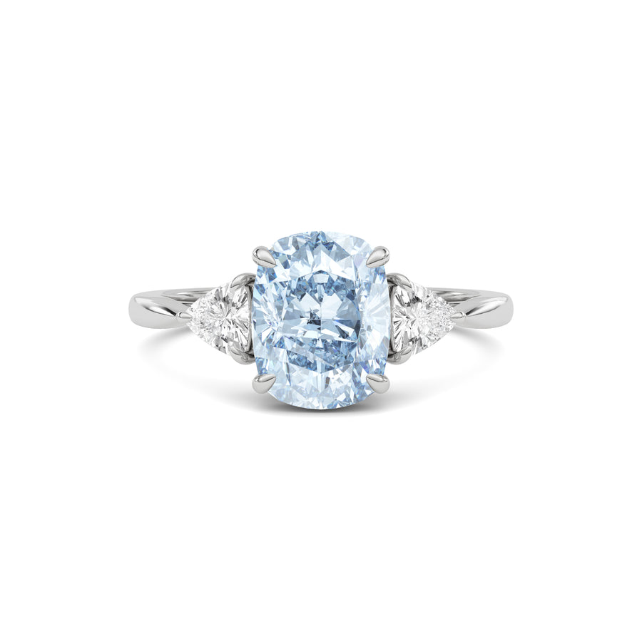 Platinum Three-Stone Fancy Blue Cushion Cut Diamond Ring with Trillion Side Stones