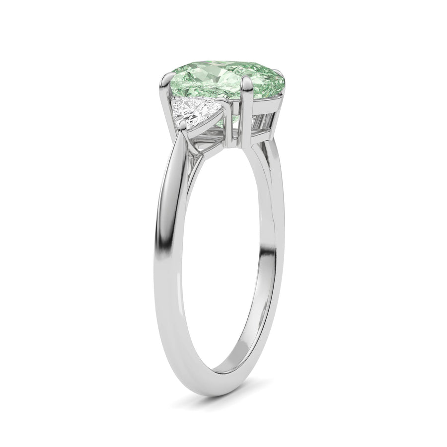 Platinum Three-Stone Fancy Green Cushion Cut Diamond Ring with Trillion Side Stones
