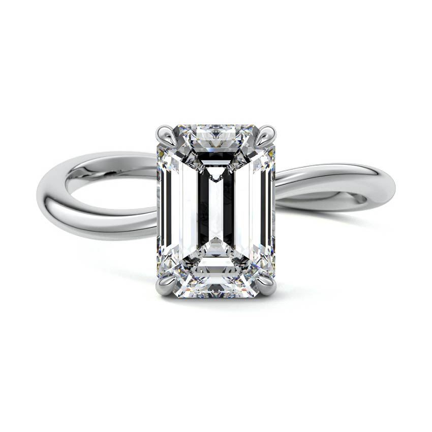 Silver Emerald Diamond Hidden Halo Twist Solitaire Ring