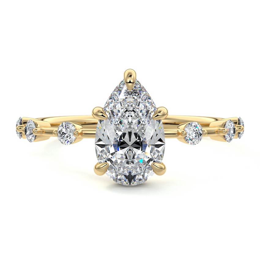 Yellow gold Pear Diamond Engagement Ring with Prong Setting and Hidden Halo