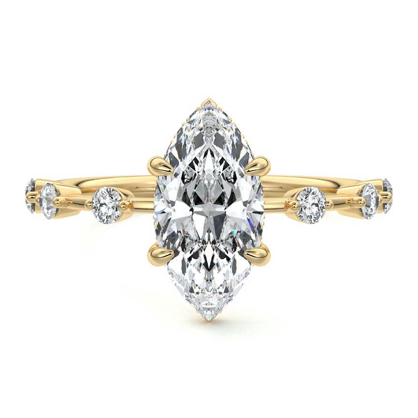 Yellow gold Marquise Diamond Engagement Ring with Prong Setting and Hidden Halo