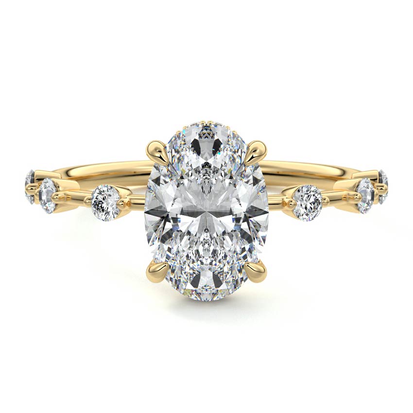 Yellow gold Oval Diamond Engagement Ring with Prong Setting and Hidden Halo