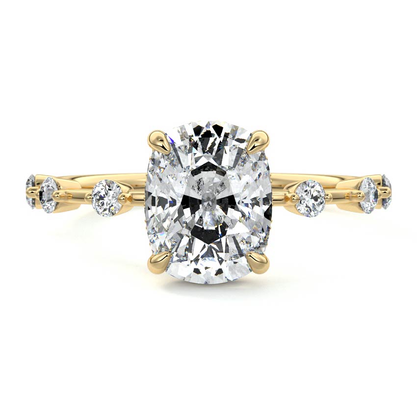 Yellow gold Cushion Diamond Engagement Ring with Prong Setting and Hidden Halo