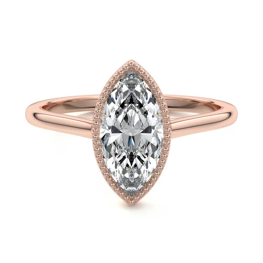 Rose gold Marquise Diamond Solitaire Engagement Ring with Milgrain Bezel Setting