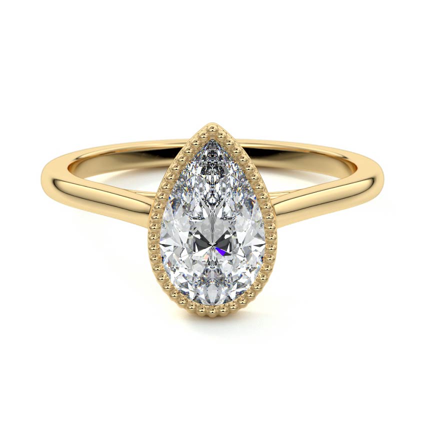Yellow gold Pear Diamond Solitaire Engagement Ring with Milgrain Bezel Setting