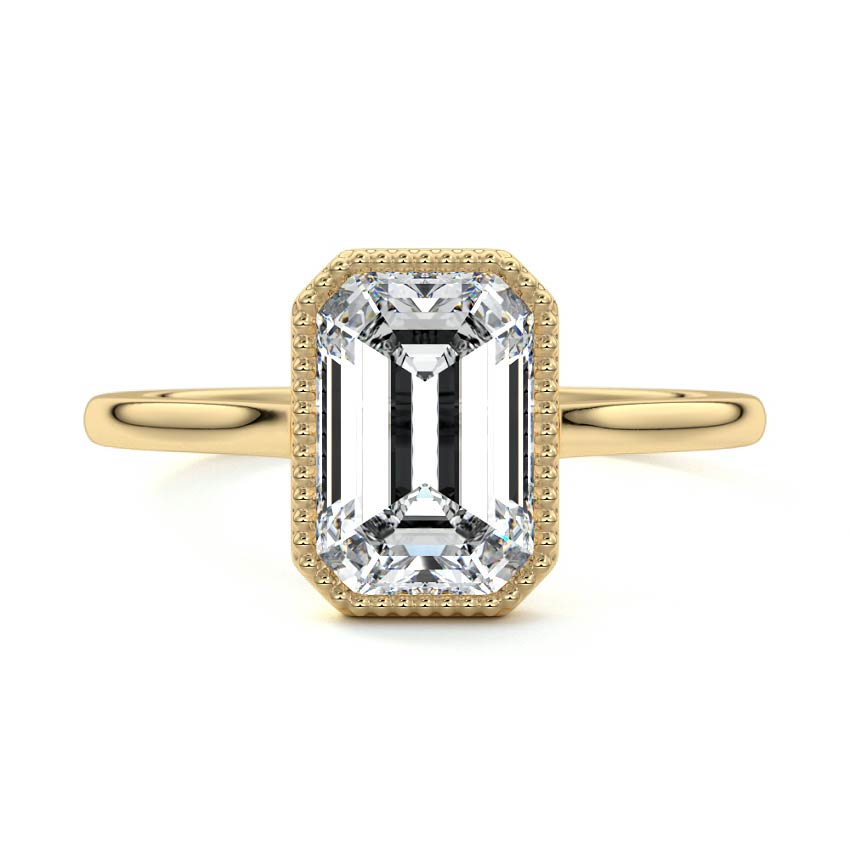 Yellow gold Emerald Diamond Solitaire Engagement Ring with Milgrain Bezel Setting