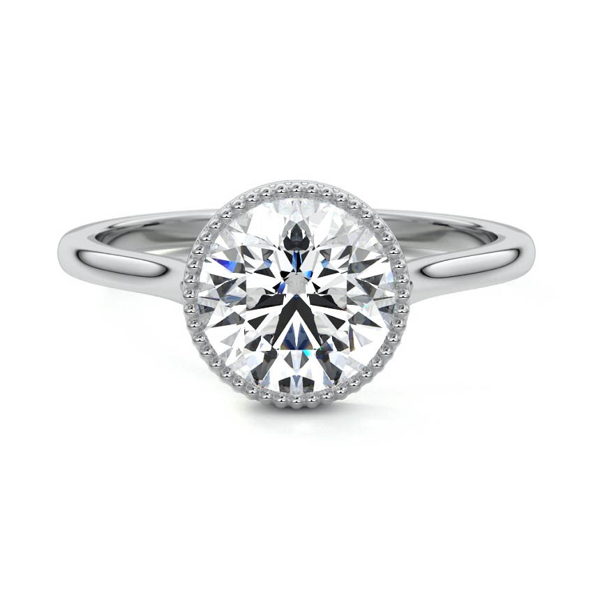 White gold Round Diamond Solitaire Engagement Ring with Milgrain Bezel Setting
