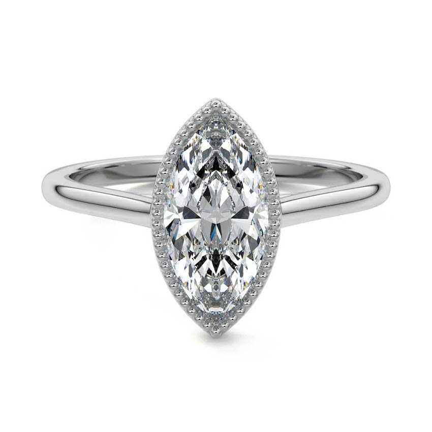 Silver Marquise Diamond Solitaire Engagement Ring with Milgrain Bezel Setting