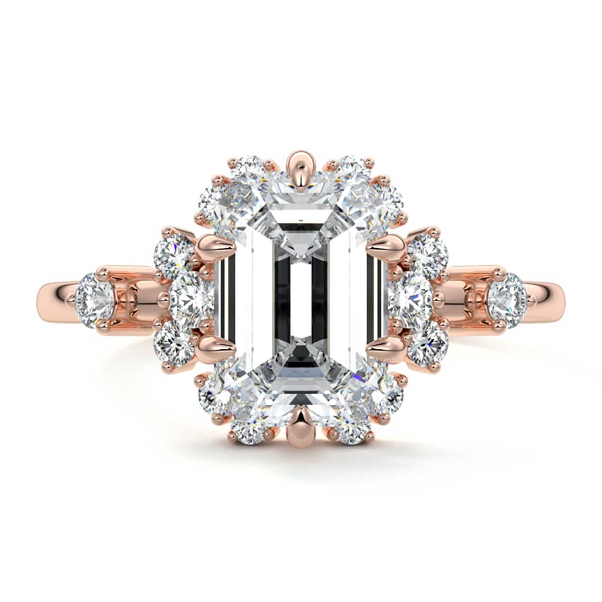 Rose gold Emerald Diamond Floral Cluster Side Stone Engagement Ring