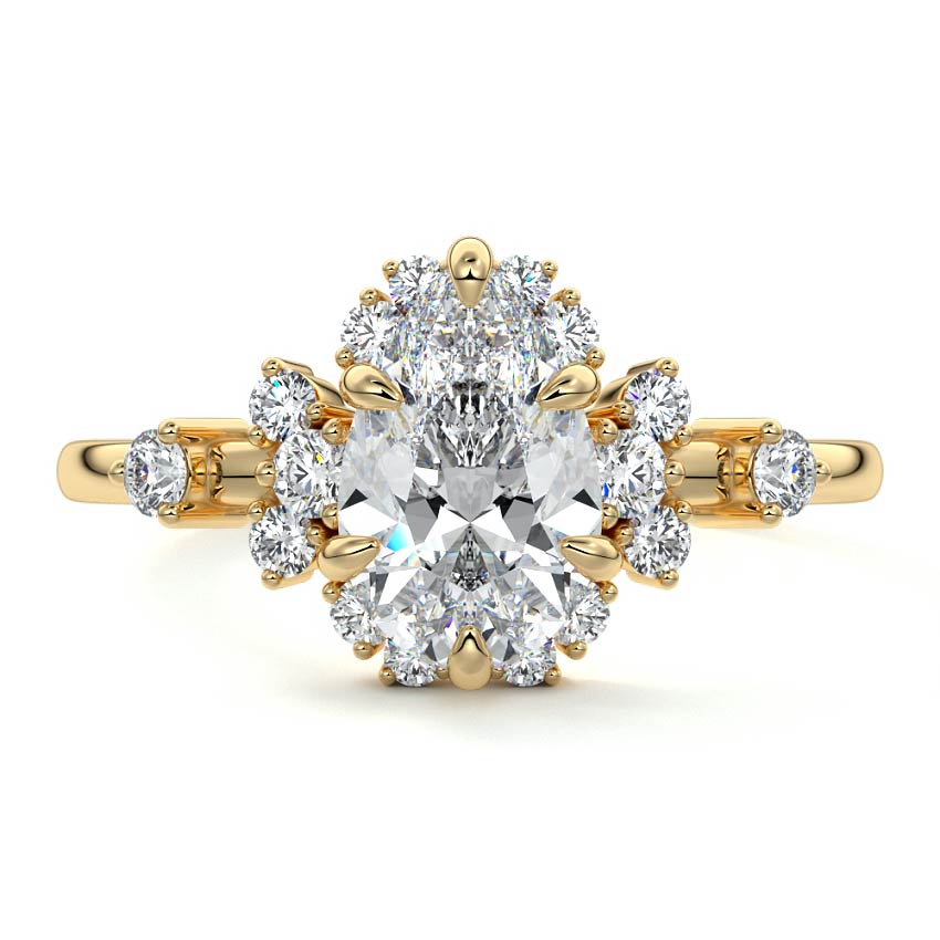 Yellow gold Pear Diamond Floral Cluster Side Stone Engagement Ring