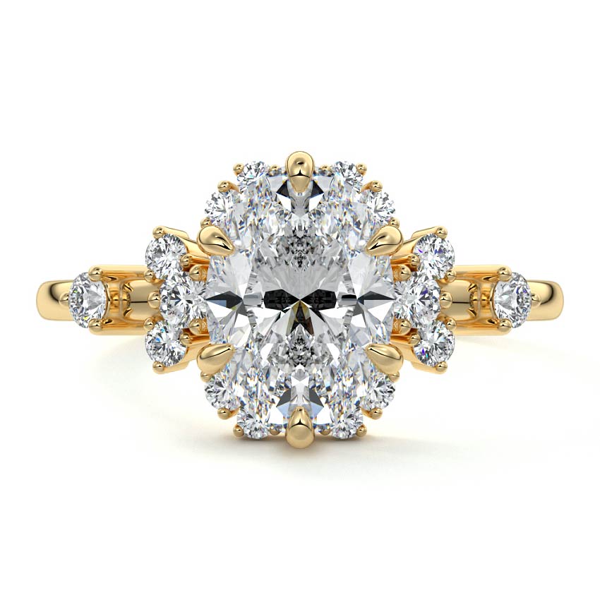 Yellow gold Oval Diamond Floral Cluster Side Stone Engagement Ring