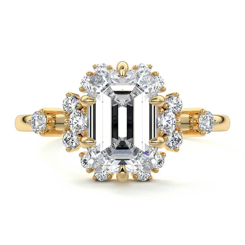 Yellow gold Emerald Diamond Floral Cluster Side Stone Engagement Ring