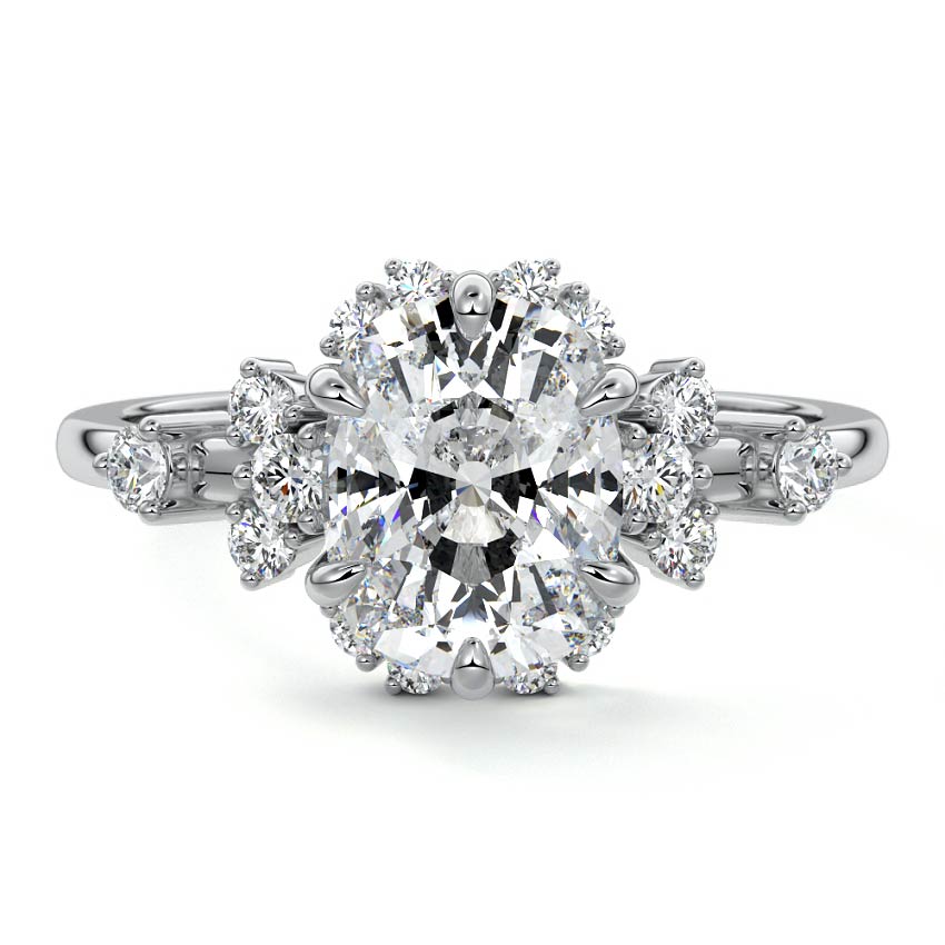 Platinum Cushion Diamond Floral Cluster Side Stone Engagement Ring