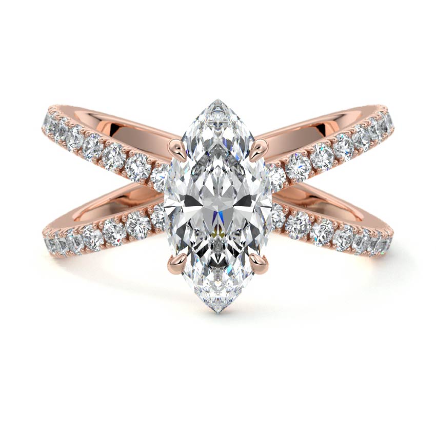 Rose gold Marquise Solitaire Diamond Engagement Ring with Criss-Cross Split Shank Pave Band
