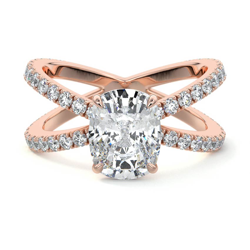 Rose gold Cushion Solitaire Diamond Engagement Ring with Criss-Cross Split Shank Pave Band