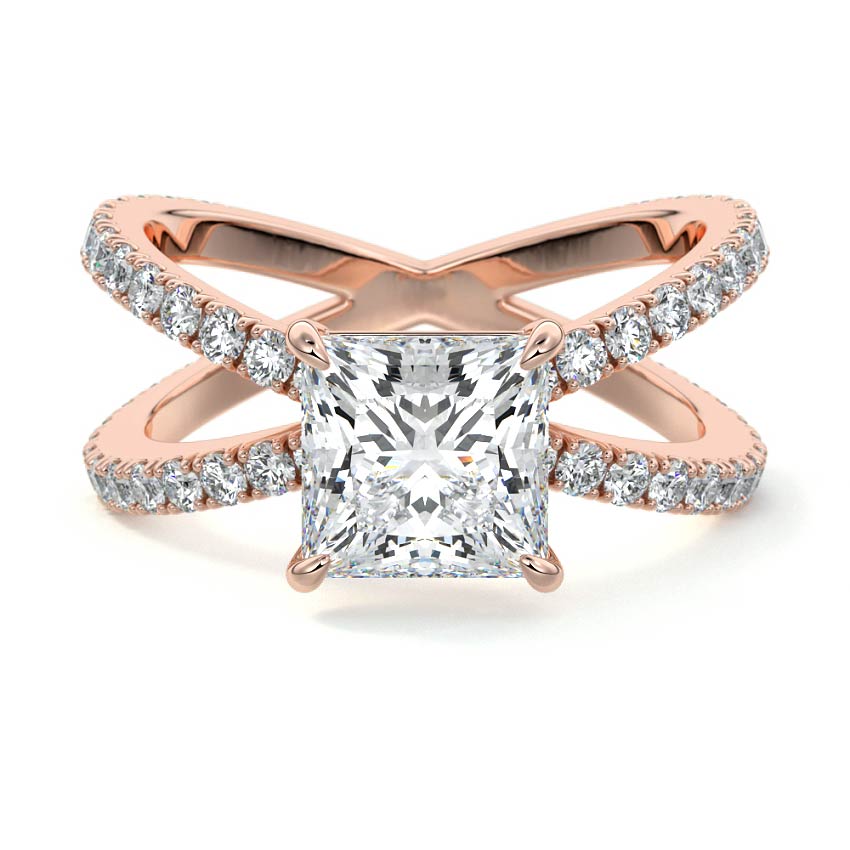 Rose gold Princess Solitaire Diamond Engagement Ring with Criss-Cross Split Shank Pave Band