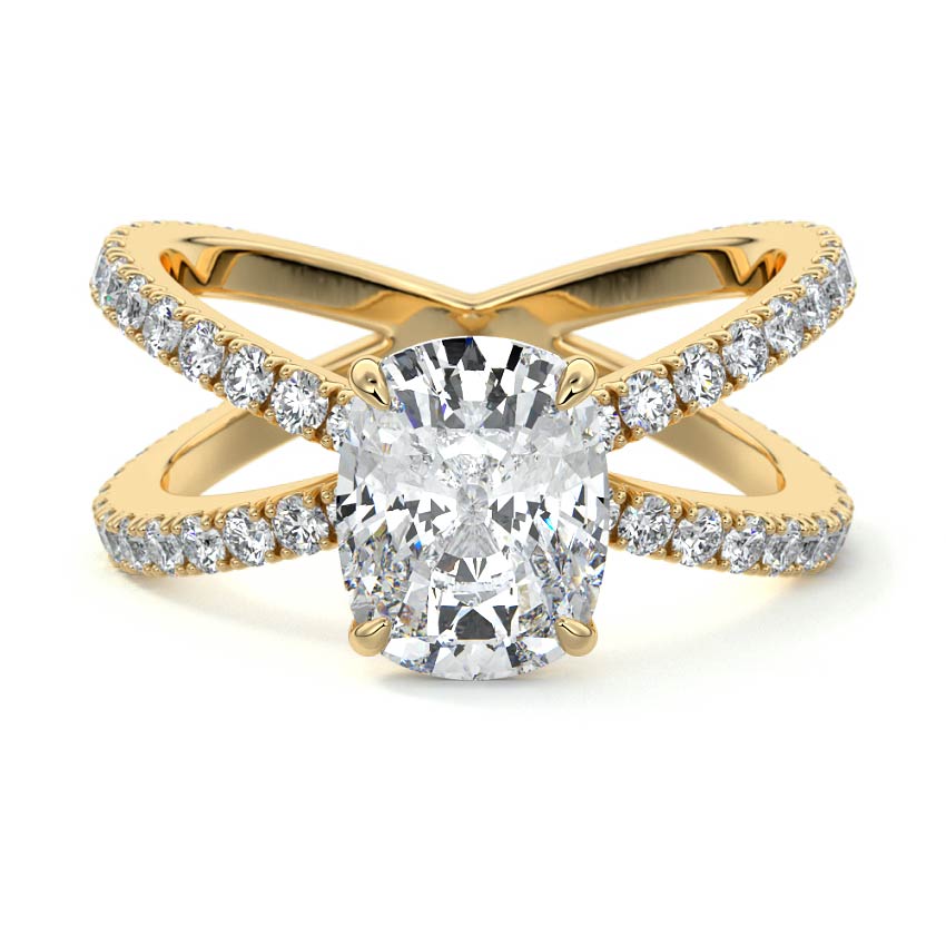 Yellow gold Cushion Solitaire Diamond Engagement Ring with Criss-Cross Split Shank Pave Band