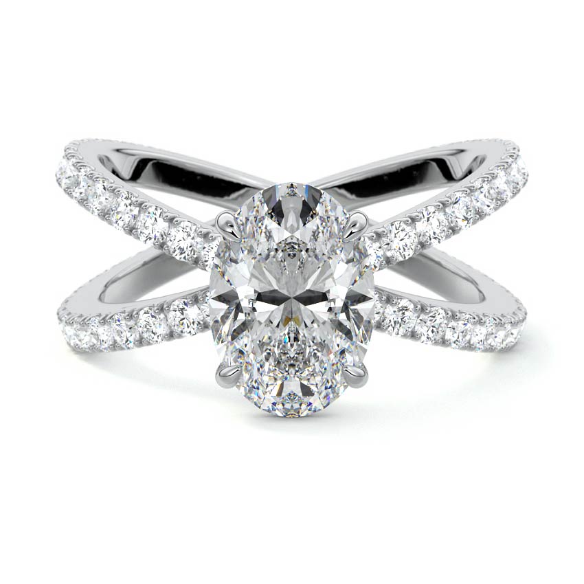 White gold Oval Solitaire Diamond Engagement Ring with Criss-Cross Split Shank Pave Band