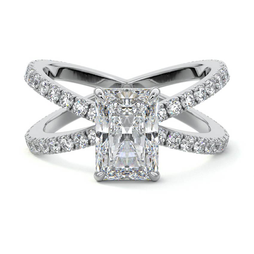 Silver Radiant Solitaire Diamond Engagement Ring with Criss-Cross Split Shank Pave Band