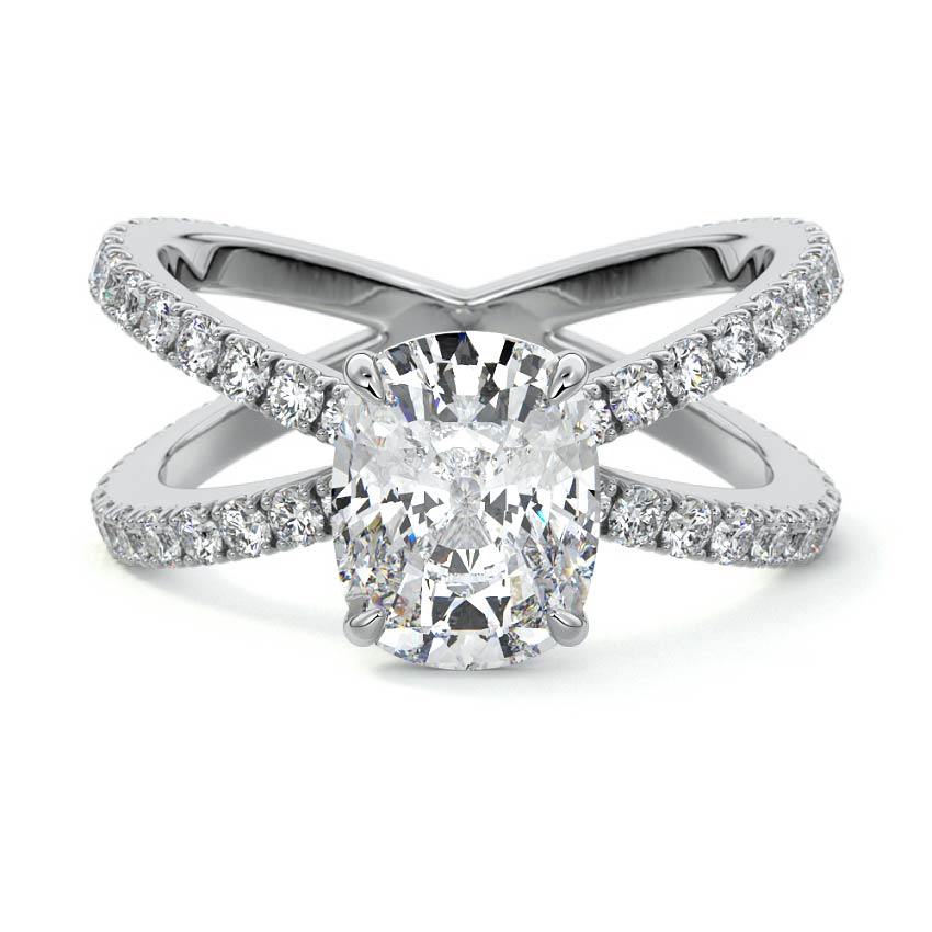 Silver Cushion Solitaire Diamond Engagement Ring with Criss-Cross Split Shank Pave Band