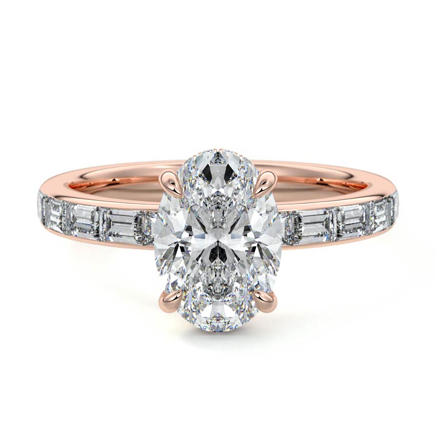Rose gold Oval Diamond Engagement Ring with Hidden Halo and Side Stones
