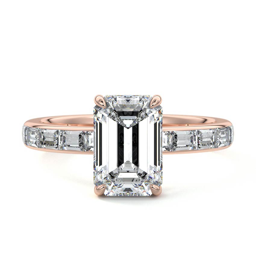 Rose gold Emerald Diamond Engagement Ring with Hidden Halo and Side Stones