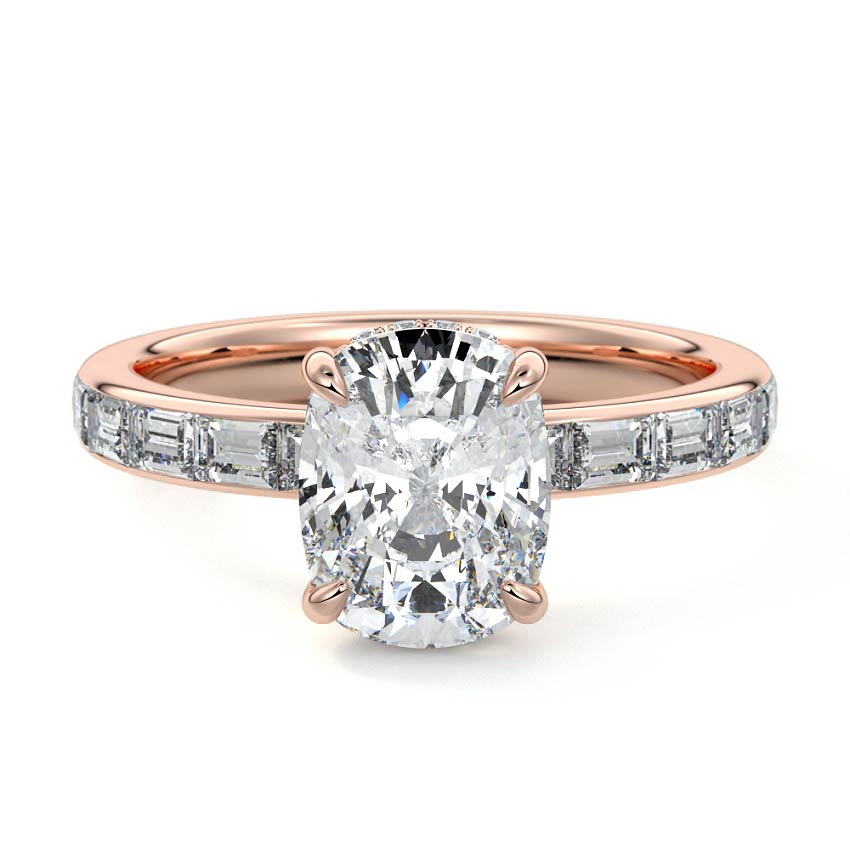 Rose gold Cushion Diamond Engagement Ring with Hidden Halo and Side Stones