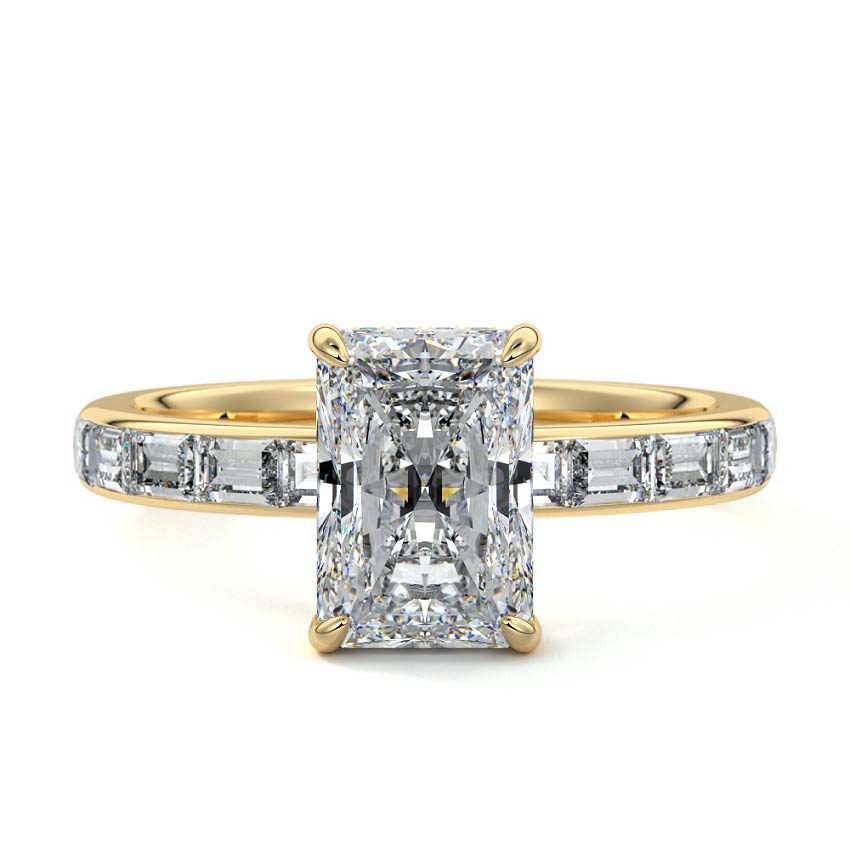 Yellow gold Radiant Diamond Engagement Ring with Hidden Halo and Side Stones