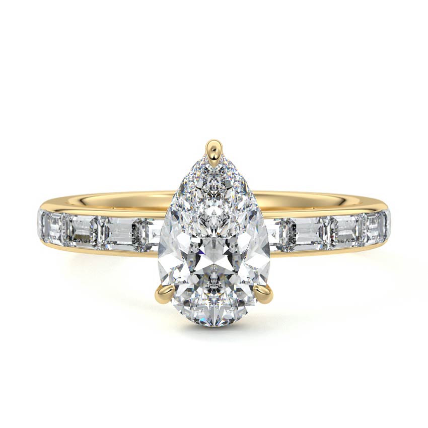 Yellow gold Pear Diamond Engagement Ring with Hidden Halo and Side Stones