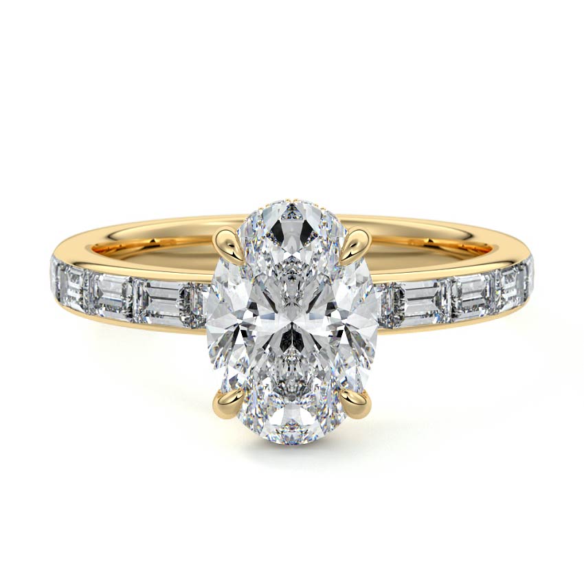 Yellow gold Oval Diamond Engagement Ring with Hidden Halo and Side Stones