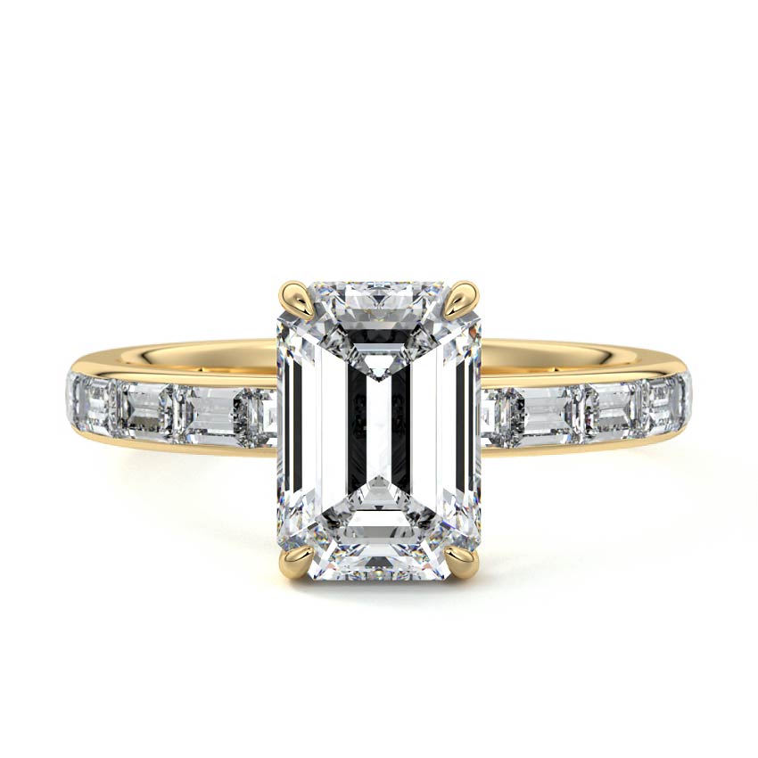 Yellow gold Emerald Diamond Engagement Ring with Hidden Halo and Side Stones