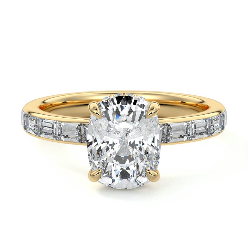 Yellow gold Cushion Diamond Engagement Ring with Hidden Halo and Side Stones