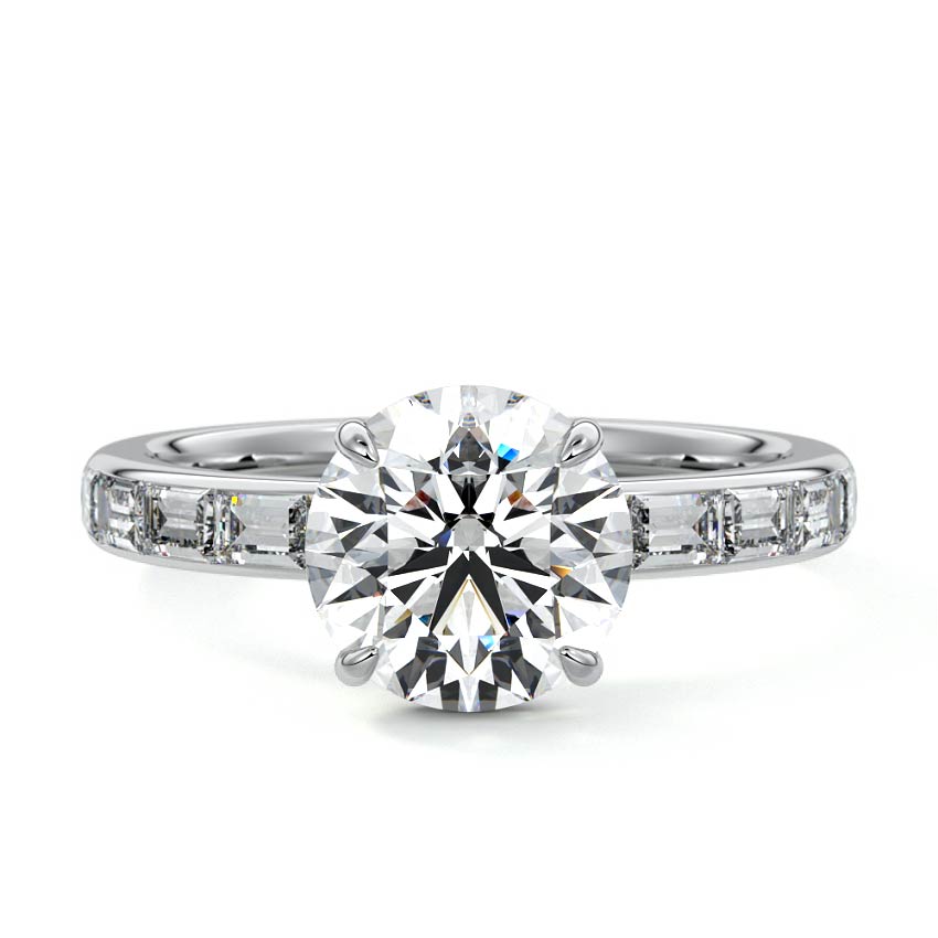 Silver Round Diamond Engagement Ring with Hidden Halo and Side Stones