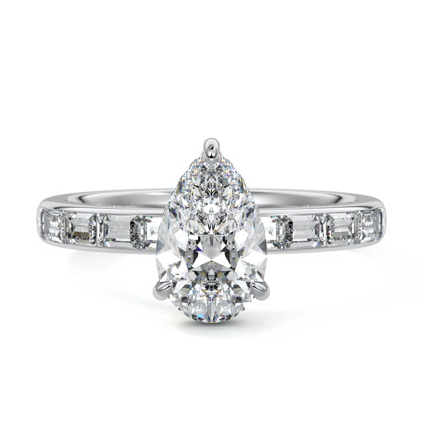 Platinum Pear Diamond Engagement Ring with Hidden Halo and Side Stones