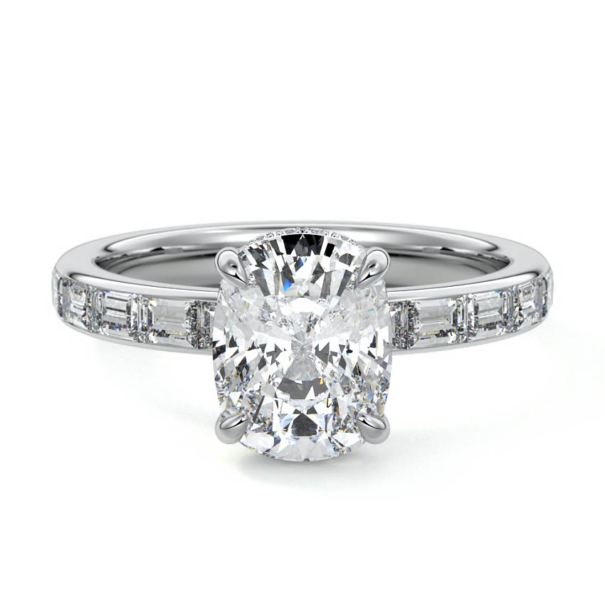 Platinum Cushion Diamond Engagement Ring with Hidden Halo and Side Stones