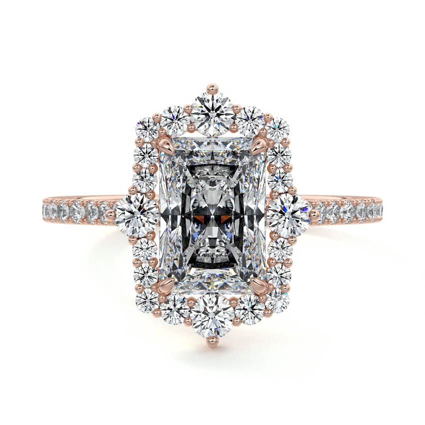 Rose gold Radiant Diamond Engagement Ring with Halo and Pave Band