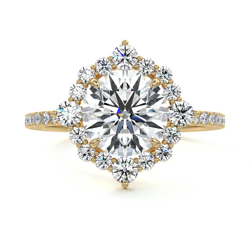 Yellow gold Round Diamond Engagement Ring with Halo and Pave Band