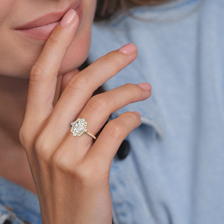 Yellow gold Cushion Diamond Engagement Ring with Halo and Pave Band