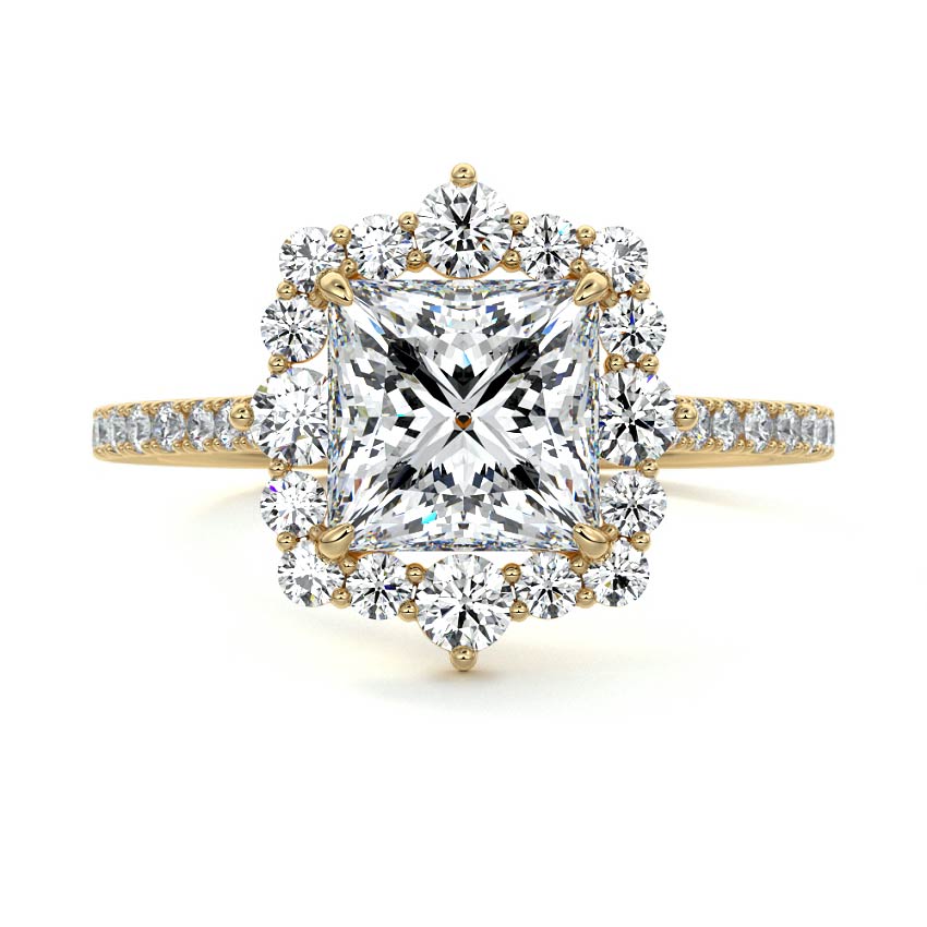 Yellow gold Princess Diamond Engagement Ring with Halo and Pave Band