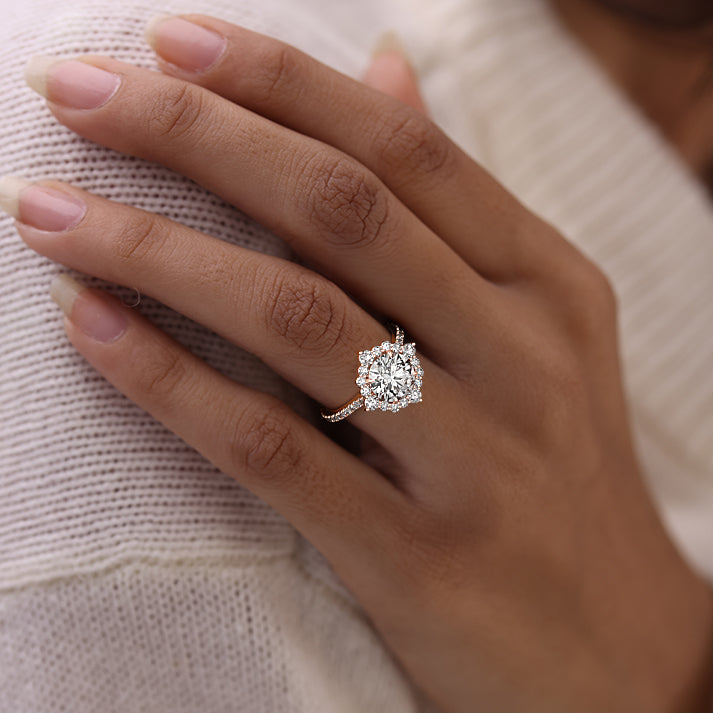 Platinum Round Diamond Engagement Ring with Halo and Pave Band