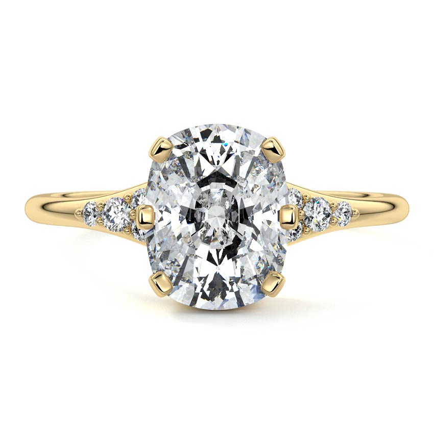 Yellow gold Cushion Diamond Engagement Ring with Side Stone Accents and Prong Setting